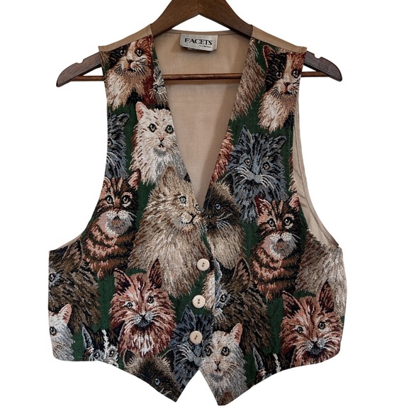 Facets by Mirrors Jackets & Blazers - Vintage Facets by Mirrors Cat Tapestry Vest Womens M Multicolor Buttons VTG